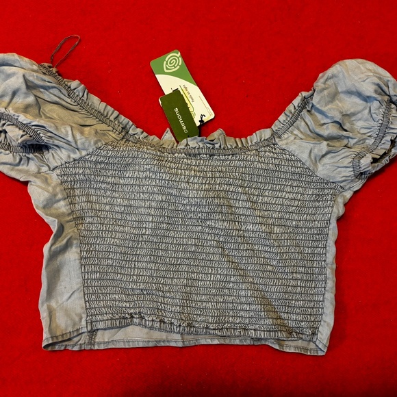 Love Tree baby blue denim boho peasant puff sleeves accent bow bustier top NWT - Picture 9 of 13